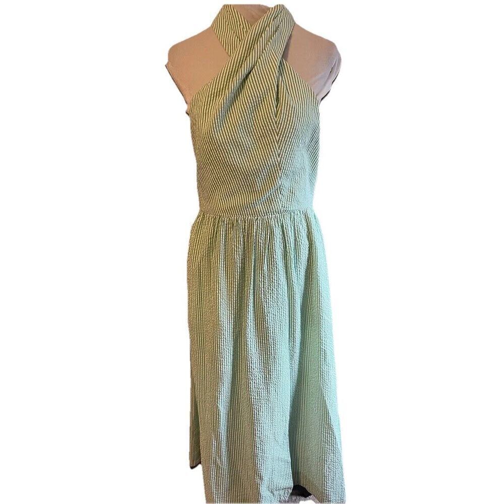 J. Crew Sz 6 Seersucker Stripped Green Open Tie Back Tank Maxi Dress Preppy